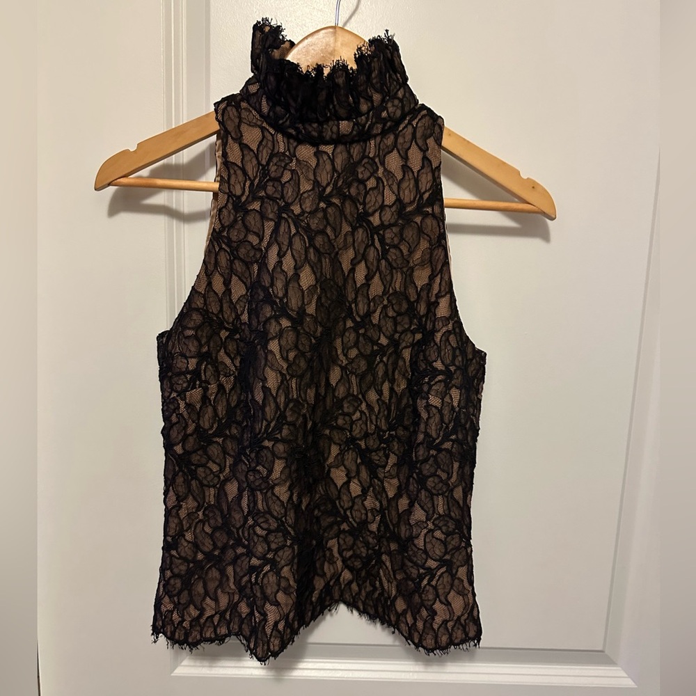 Carmen Marc Valvo Black Lace High-Neck Blouse. Full zip back